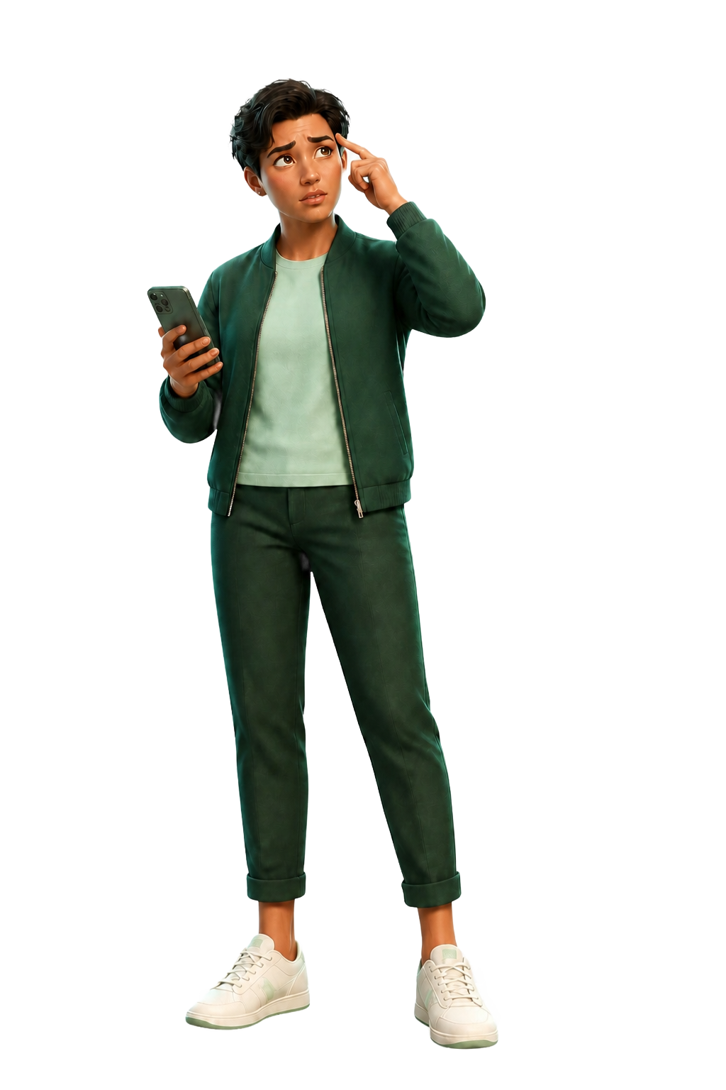3D illustrated person looking confused while checking a phone and trying to remember important information