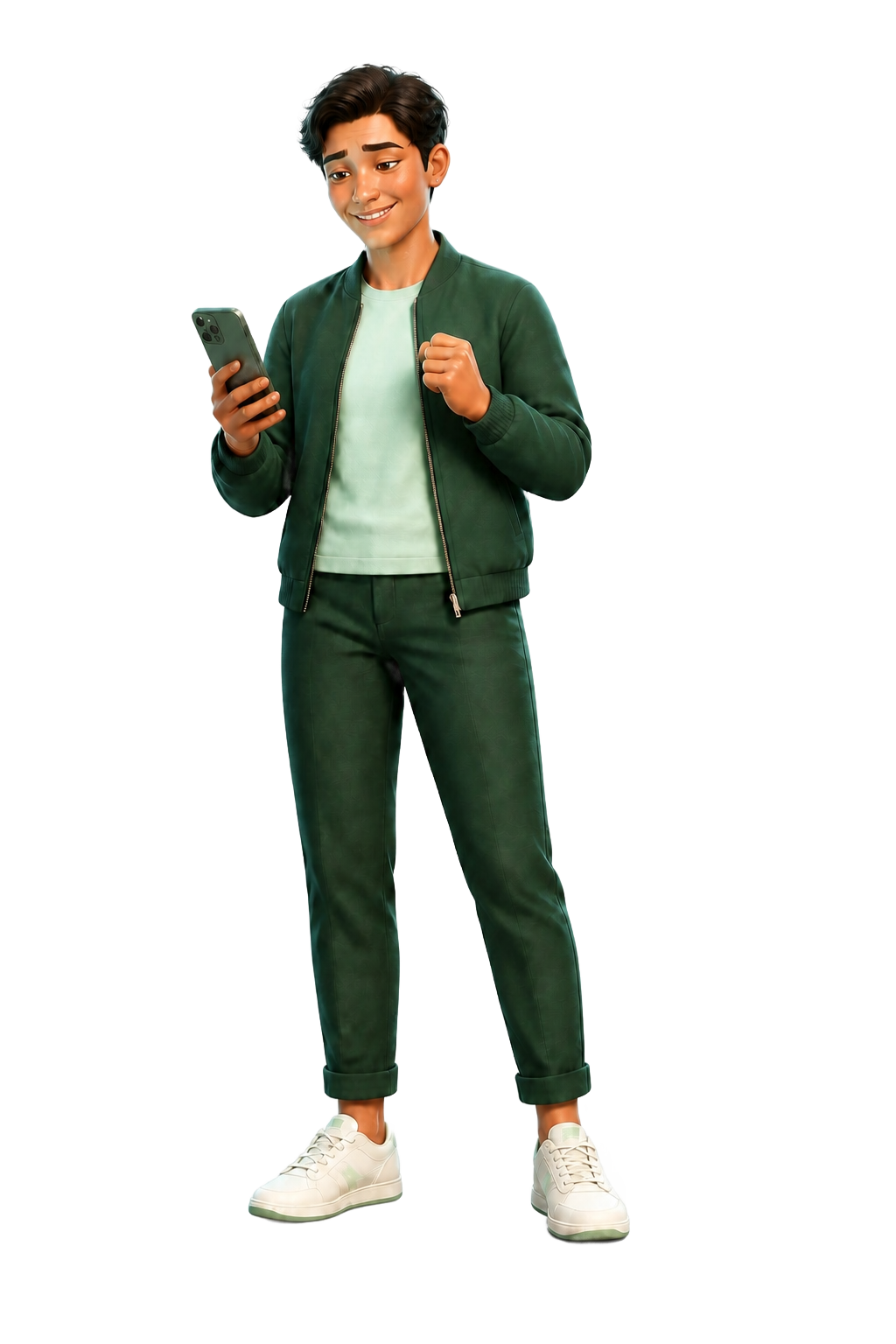 The same 3D illustrated person smiling with relief while finding organized records on a phone