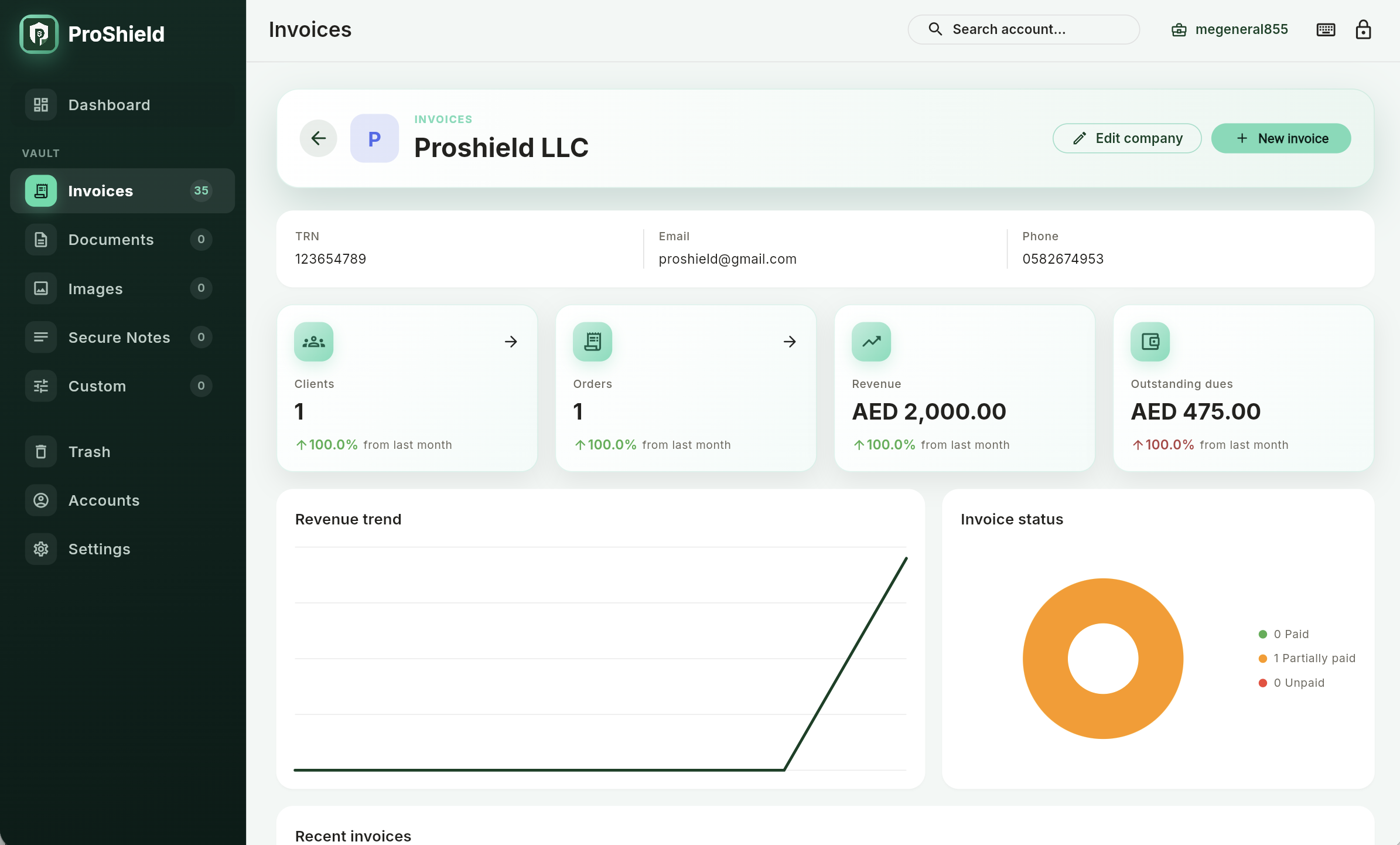ProShield Business dashboard showing company details, invoice metrics, revenue trend, and invoice status