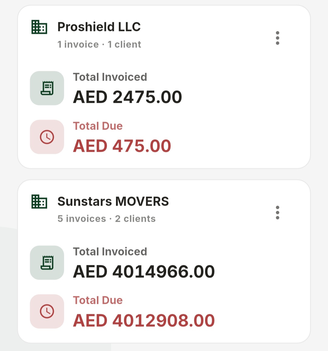 ProShield Business workspace overview with invoice totals and amounts due