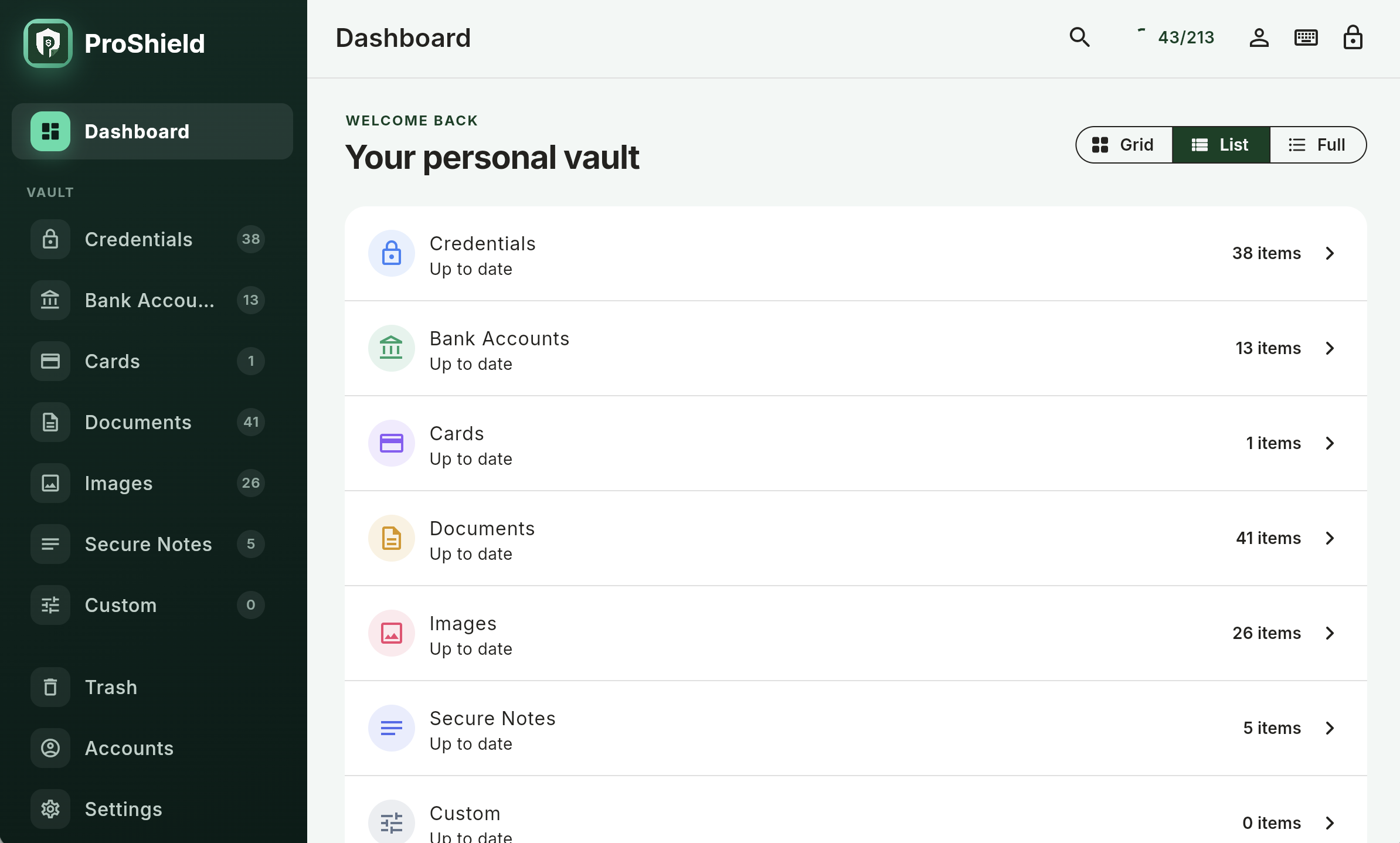 ProShield Personal web dashboard showing vault categories and item counts